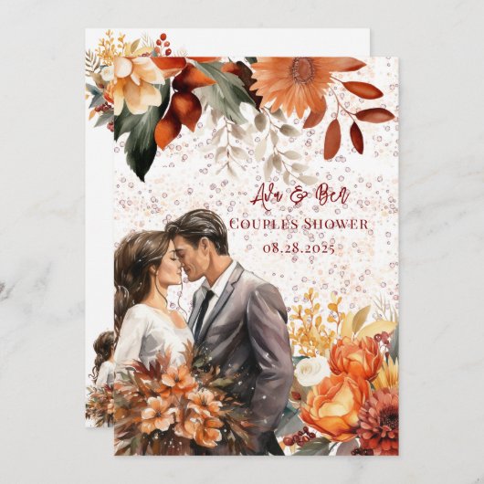 Burgundy Orange Bride Groom Wedding Couples Dusche Einladung (Vorne/Hinten)