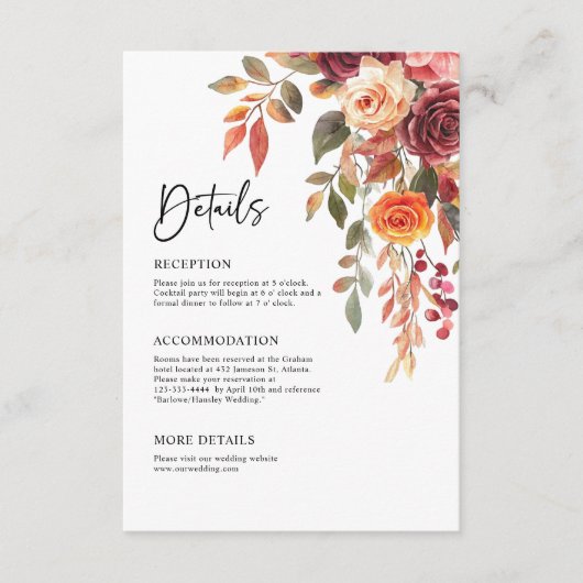 Burgundy Orange Fall Elegante Hochzeitsdetails Begleitkarte (Vorderseite)