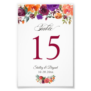 Burgundy Orange Floral 4x6 Hochzeit Tischnummer Fotodruck