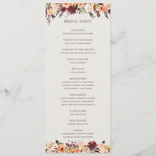 Burgundy Orange Floral | Beige Hochzeitsprogramm Programm (Rückseite)