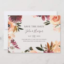Burgundy Orange Floral Beige Horizontal Save The Date