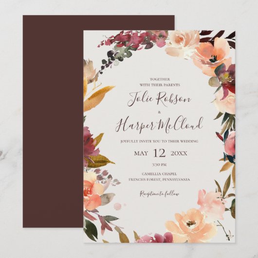 Burgundy Orange Floral | Beige Lässige Hochzeit Einladung (Vorne/Hinten)