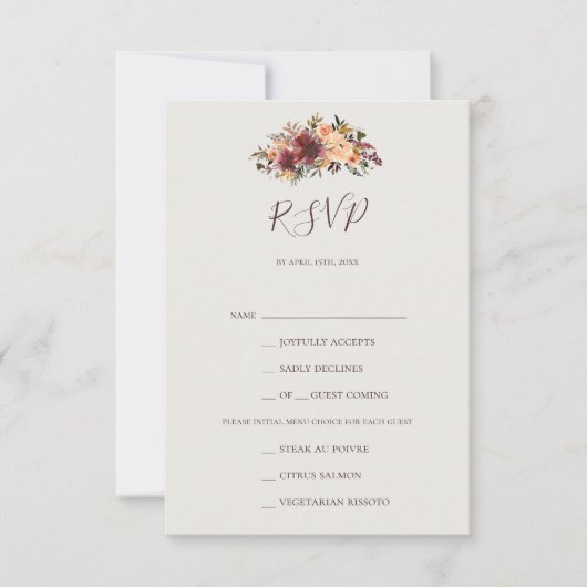 Burgundy Orange Floral Beige Menü Auswahl RSVP Kar (Vorderseite)