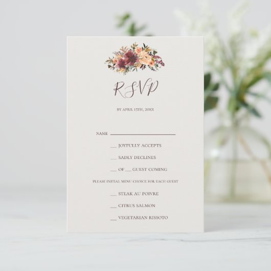 Burgundy Orange Floral Beige Menü Auswahl RSVP Kar (Stehend Vorderseite)