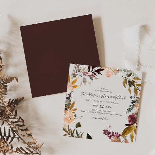 Burgundy Orange Floral | Beige Square Wedding Einladung