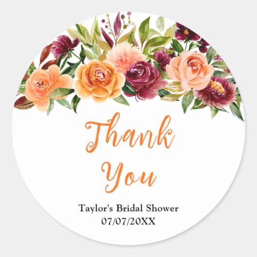 Burgundy Orange Floral Bridal Shower Thank You Runder Aufkleber (Vorderseite)