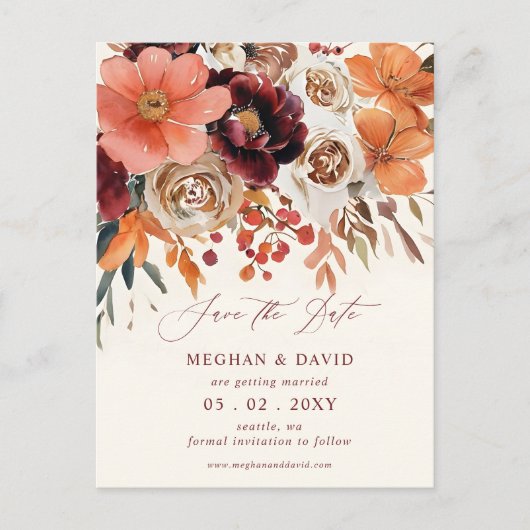 Burgundy Orange Floral Fall Save the Date Ankündigungspostkarte (Vorderseite)