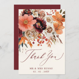 Burgundy Orange Floral Fall Wedding Dankeskarte