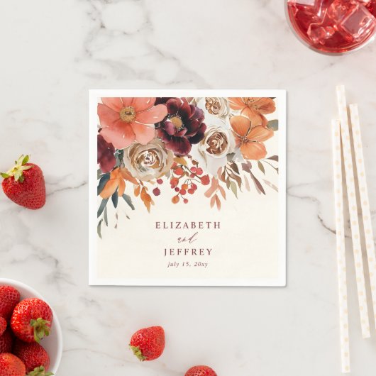 Burgundy Orange Floral Fall Wedding Serviette (Beispiel)