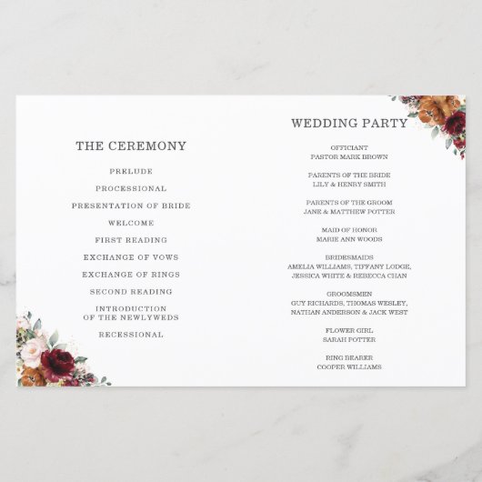 Burgundy Orange Floral Folded Wedding Programm (Rückseite)