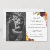 Burgundy Orange Floral Foto Save the Date Karte (Vorderseite)