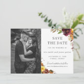 Burgundy Orange Floral Foto Save the Date Karte (Stehend Vorderseite)