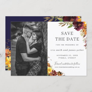 Burgundy Orange Floral Foto Save the Date Karte