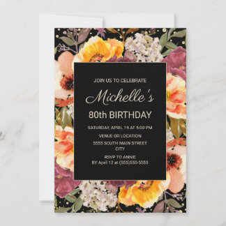 Burgundy Orange Floral Gold Black 80. Geburtstag Einladung
