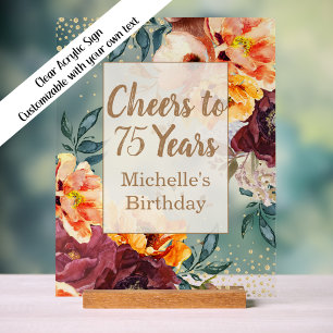Burgundy Orange Floral Gold Cheers 75 Jahre Acrylschild