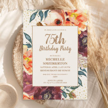 Burgundy Orange Floral Gold Glitzer 75. Geburtstag