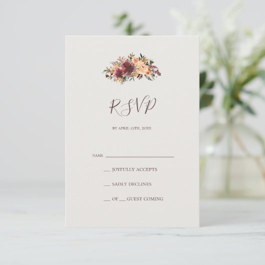 Burgundy Orange Floral | Green RSVP Card (Stehend Vorderseite)