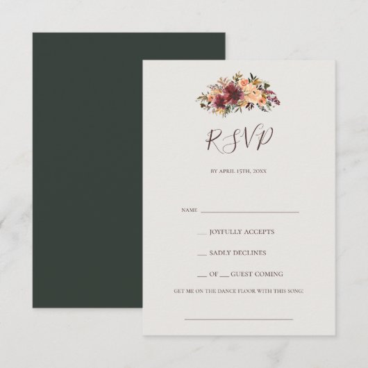 Burgundy Orange Floral Green Song Request RSVP Karte (Vorne/Hinten)