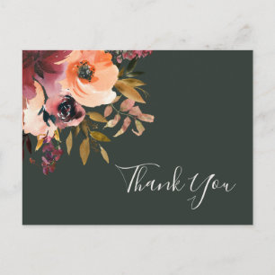 Burgundy Orange Floral Green Wedding Danke Postkarte