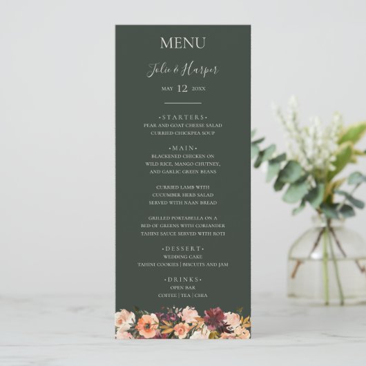 Burgundy Orange Floral | Green Wedding Dinner Menu Menükarte (Stehend Vorderseite)