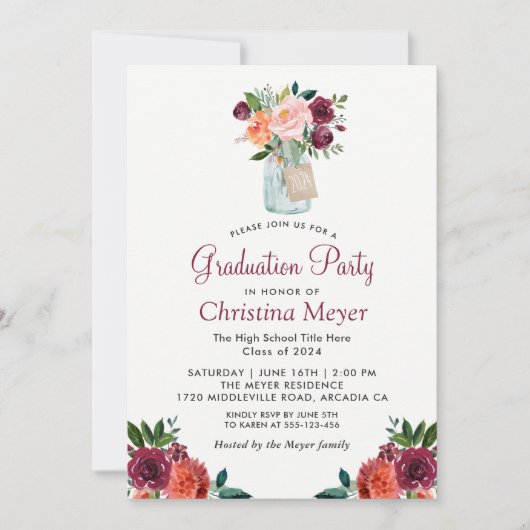 Burgundy Orange Floral Mason Jar Graduation Party Einladung (Vorderseite)