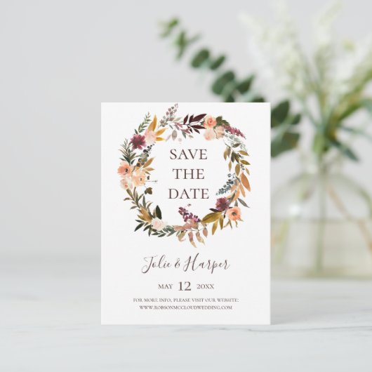 Burgundy Orange Floral Save the Date Postkarte (Stehend Vorderseite)