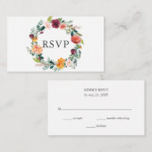 Burgundy Orange Floral Wreath Wedding RSVP Begleitkarte (Vorne/Hinten)