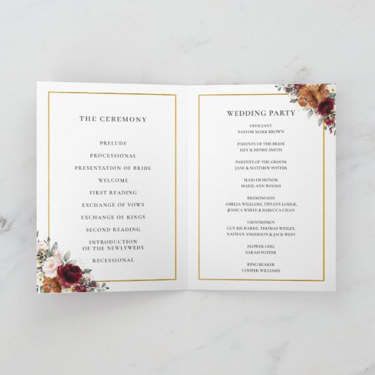 Burgundy Orange Ivory Floral Gold Wedding Program Programm (Innenseite)
