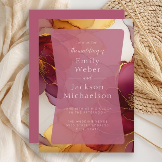 Burgundy Orange Jewel Tone Alcohol Ink Wedding Einladung