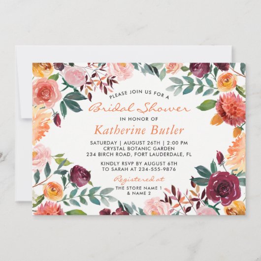 Burgundy Orange Pink Blume Fall Brautparty Einladung (Vorderseite)