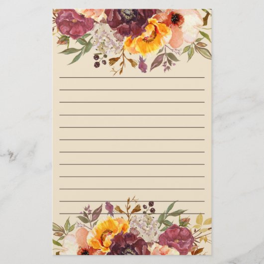 Burgundy Orange Pink Floral Lined Briefpapier (Vorderseite)