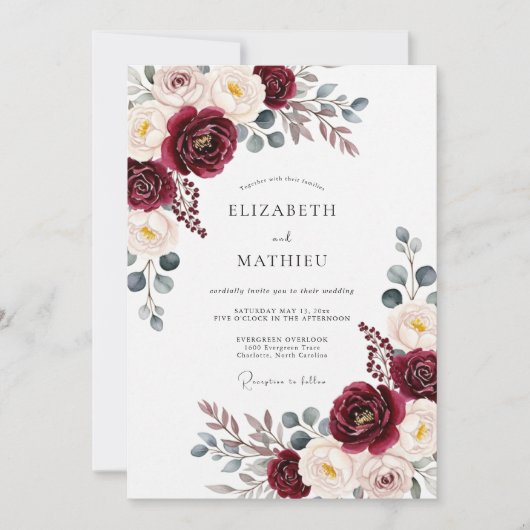 Burgundy Painterly Bloom Romance Wedding Einladung (Vorderseite)