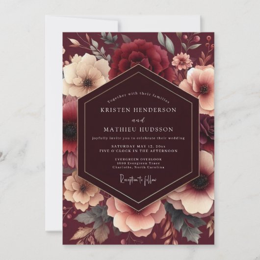 Burgundy Painterly Bloom Wedding Einladung (Vorderseite)