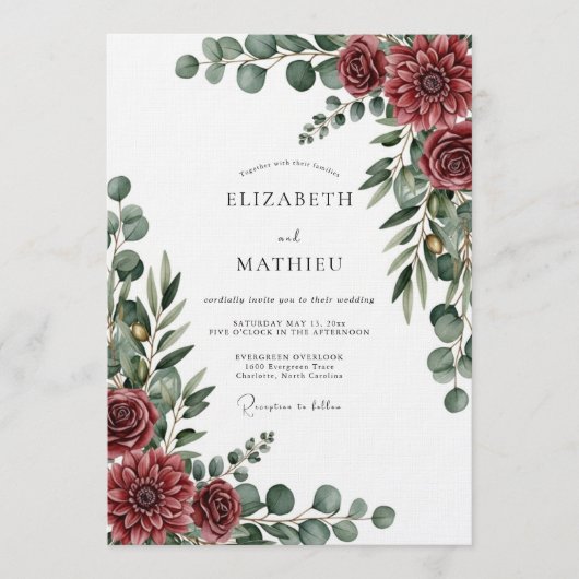 Burgundy Painterly Botanical Wedding Einladung (Vorderseite)