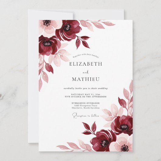 Burgundy Painterly Meadow Wedding Einladung (Vorderseite)