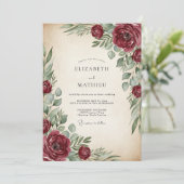 Burgundy Painterly Vintage Wedding Einladung (Stehend Vorderseite)