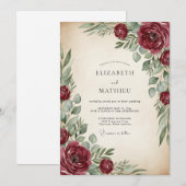Burgundy Painterly Vintage Wedding Einladung (Vorne/Hinten)