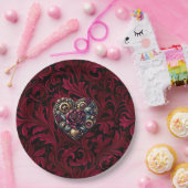 Burgundy Paisley Steampunk Heart Wedding Pappteller (Party)