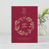 Burgundy & Pale Gold Circle, Save the Date Hochzei Einladung (Stehend Vorderseite)