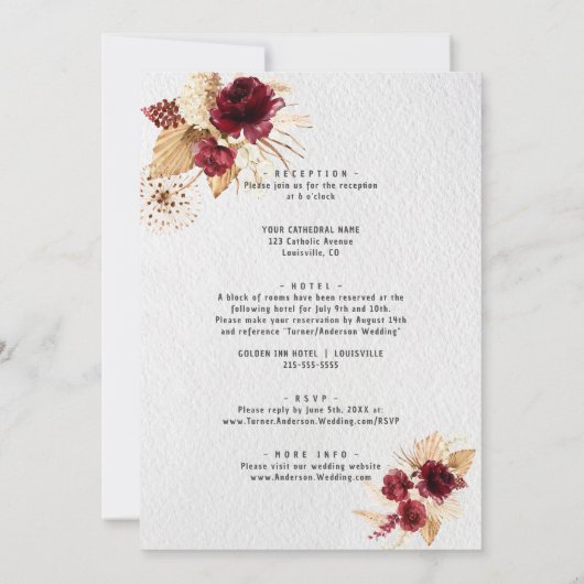 Burgundy Pampasgras auf einer Hochzeit Einladung (Rückseite)