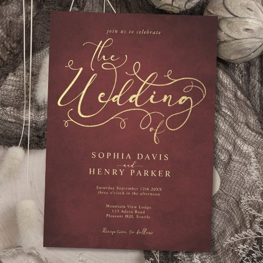 Burgundy Parchment Rustic Blüh Calligraphy Inv. Einladung