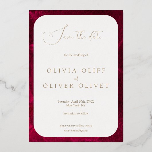 Burgundy Passion Wedding rettet das Datum Folieneinladung (Rückseite)