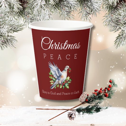 Burgundy Peace Dove Holly Christian Christmas Pappbecher