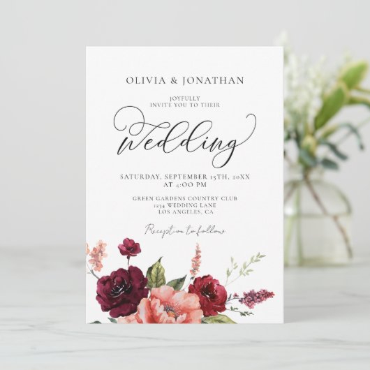 Burgundy Peach All in 1 Budget QR Code Hochzeit Einladung (Stehend Vorderseite)