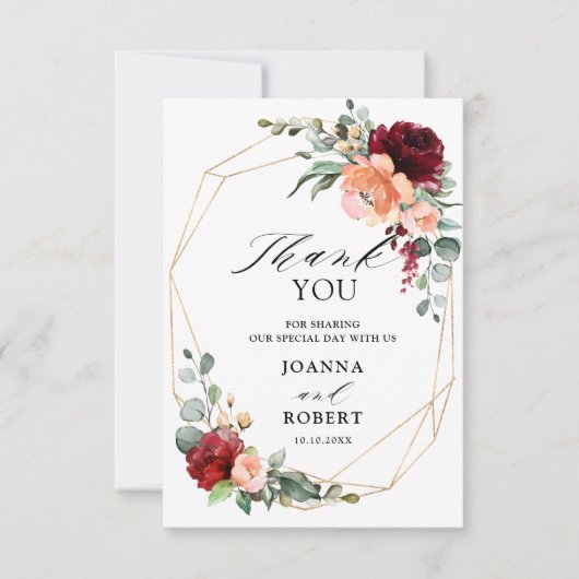 Burgundy Peach Coral Orange Eukalyptus Wedding Dankeskarte (Vorderseite)