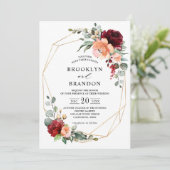Burgundy Peach Coral Orange Eukalyptus Wedding Einladung (Stehend Vorderseite)