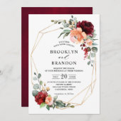 Burgundy Peach Coral Orange Eukalyptus Wedding Einladung (Vorne/Hinten)