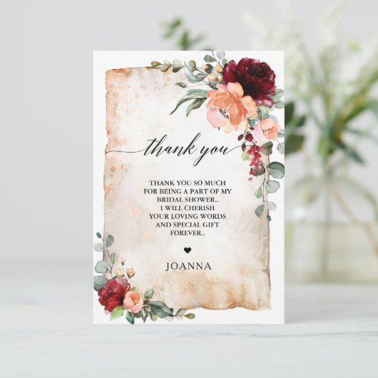 Burgundy Peach Coral Pink Roses Brautparty Dankeskarte (Stehend Vorderseite)