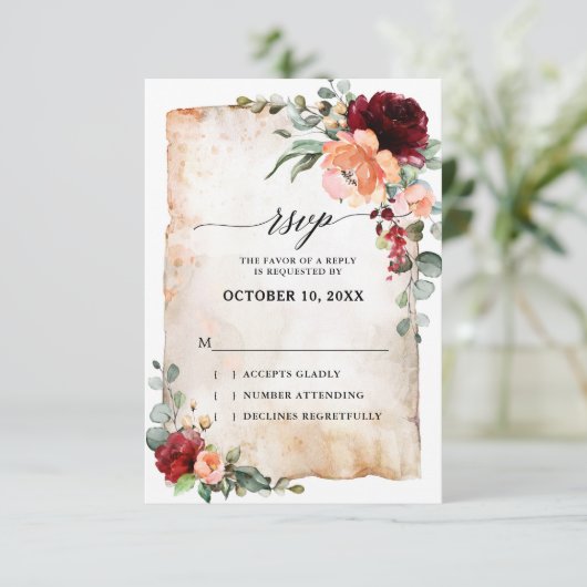 Burgundy Peach Coral Pink Roses Eukalyptus UAWG RSVP Karte (Stehend Vorderseite)