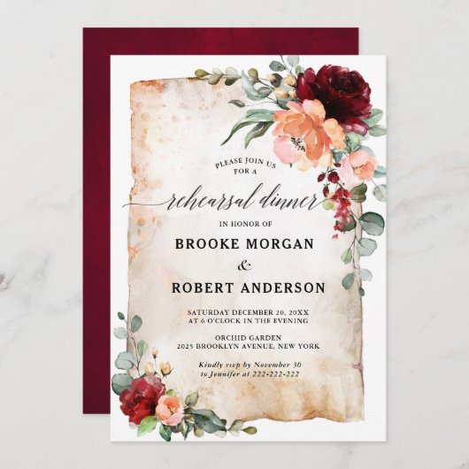 Burgundy Peach Coral Pink Roses Probe Dinner Einladung (Vorne/Hinten)